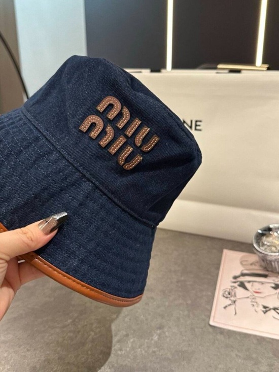 Miu Miu Navy Denim Bucket Hat with Brown Leather Trim and Logo main image 5